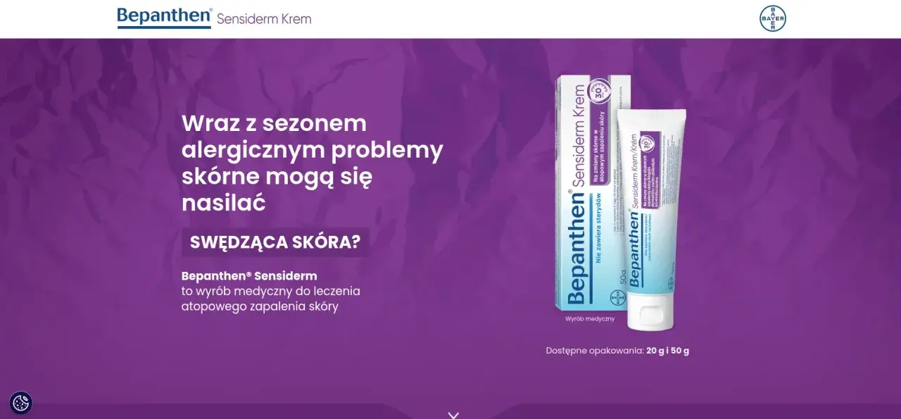Bepanthen Sensiderm Krem łagodzi swędzącą skórę, pomagając w leczeniu atopowego zapalenia skóry. Dostępny w opakowaniach 20g i 50g.