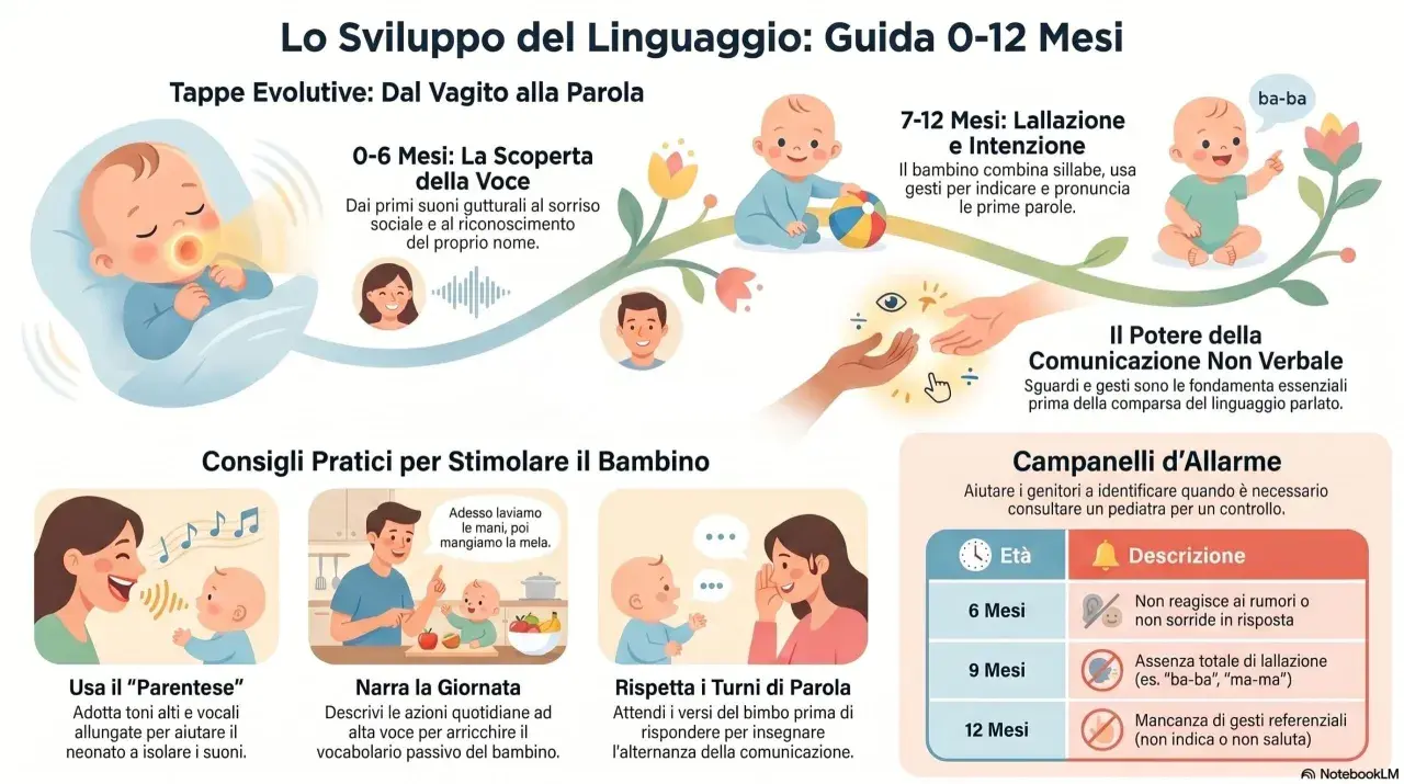 Bambino di 7-12 mesi che fa la lallazione, combinando sillabe e gesti per comunicare le prime parole.