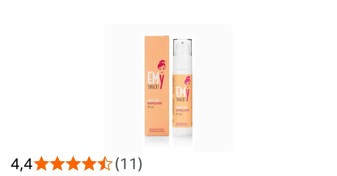 Crema viso antipollution EMY SMACK! SPF 50+ in confezione e flacone, con logo e scritta. Protezione quotidiana.