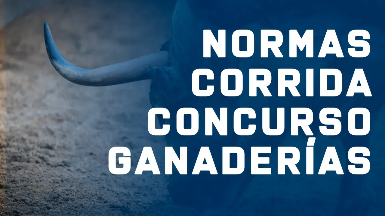 Normas para el concurso de corridas de toros. Un toro con un cuerno visible se alza sobre el texto.