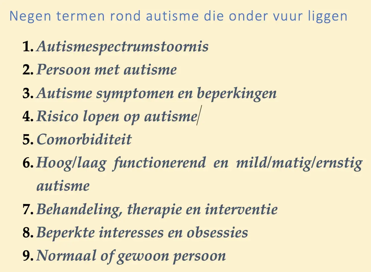 Lijst met negen termen rond autisme, waaronder 'wanneer ben je autistisch' en 'autismespectrumstoornis'.