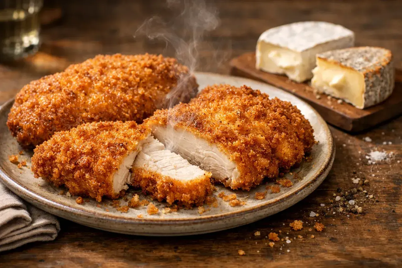 Trois morceaux de poulet pané fumants sur une assiette, accompagnés de fromage et de poivre.