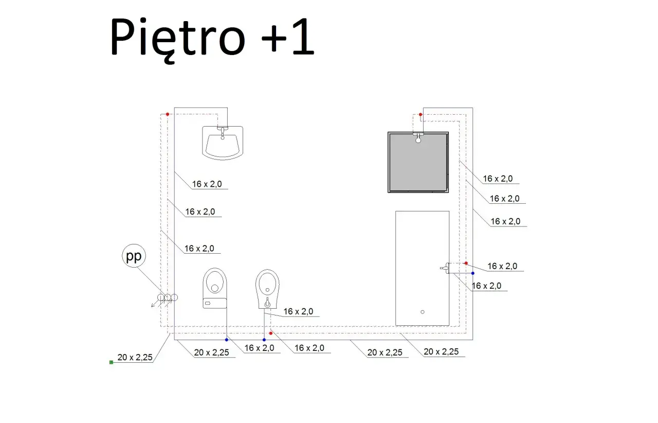 Schemat instalacji wodnej na piętrze +1, z widocznym przekrojem rury 16x2,0 i 20x2,25, prowadzącej do umywalki, WC i prysznica.