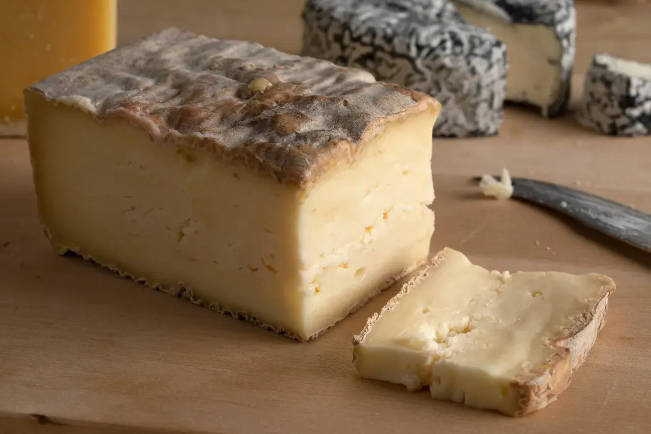 Un pezzo di taleggio dal sapore intenso, con una fetta tagliata e altri formaggi sullo sfondo.