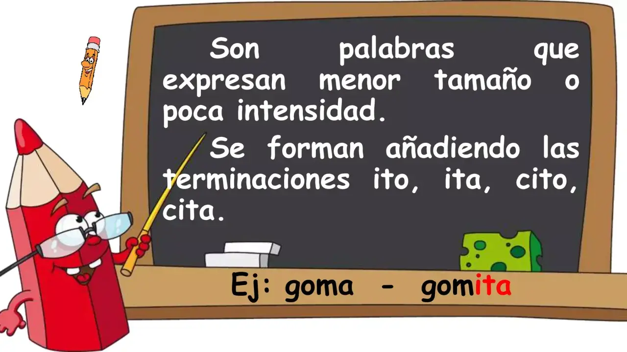 Un lápiz rojo explica en un pizarrón cómo se forman los aumentativos y diminutivos, usando "goma" y "gomita" como ejemplo.