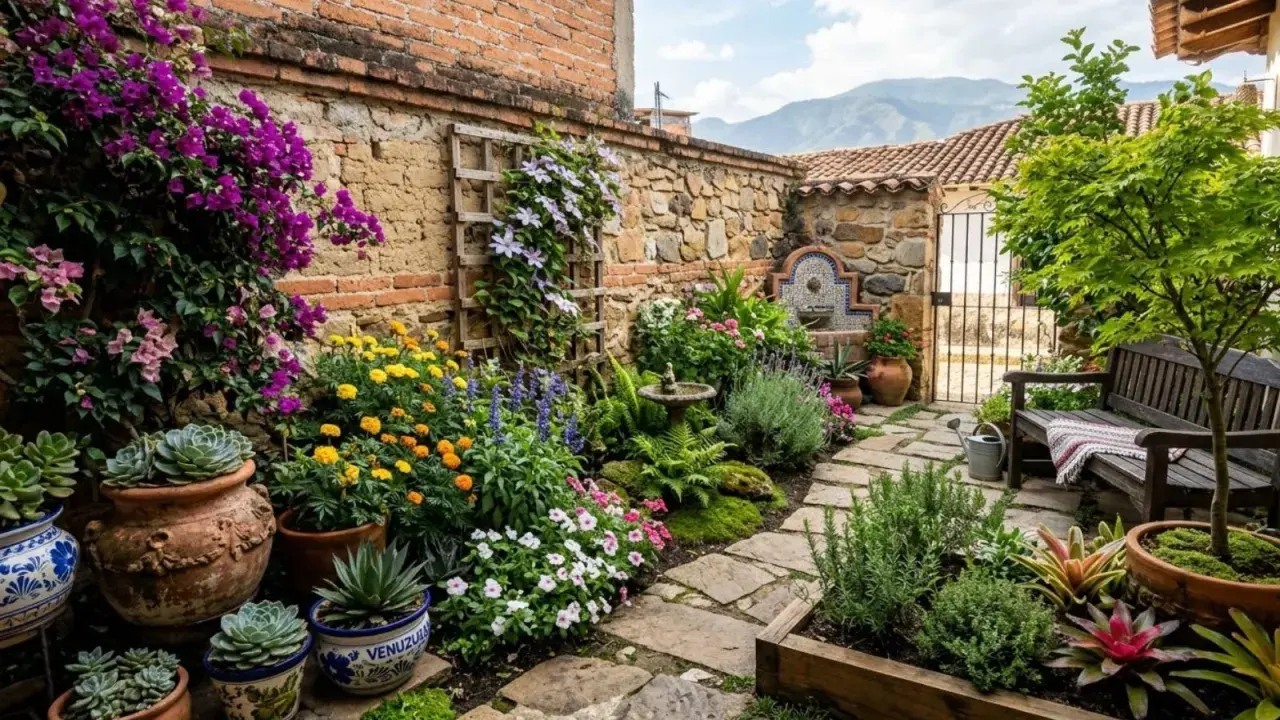Un jardín exuberante con flores vibrantes y suculentas, ideal para crear un oasis verde. Las **plantas para tapar muros** añaden color y vida a este rincón acogedor.