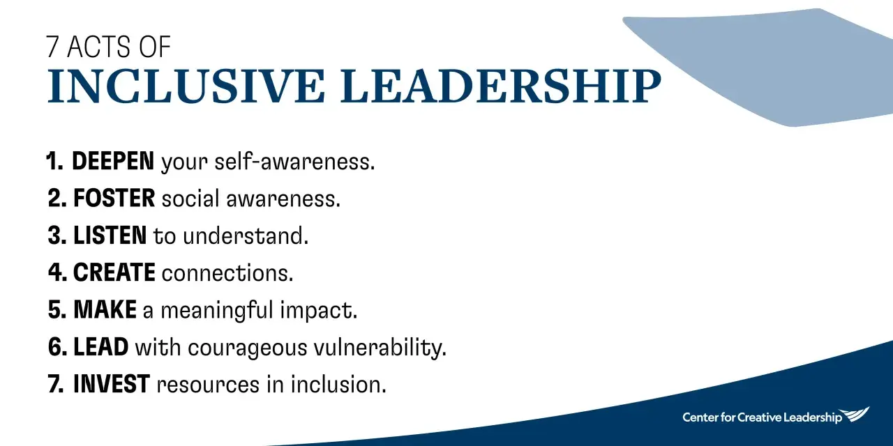 7 Acts of Inclusive Leadership: Deepen self-awareness, foster social awareness, listen, create connections, make impact, lead with vulnerability, invest in inclusion. These are key leadership goals.