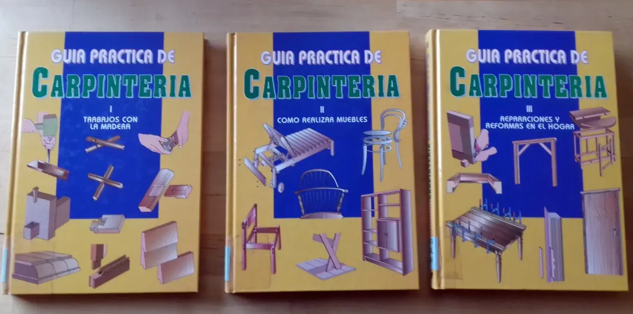Tres guías de carpintería, con ilustraciones de trabajos en madera, muebles y reparaciones. Ideal para quienes trabajan con madera de palisandro.