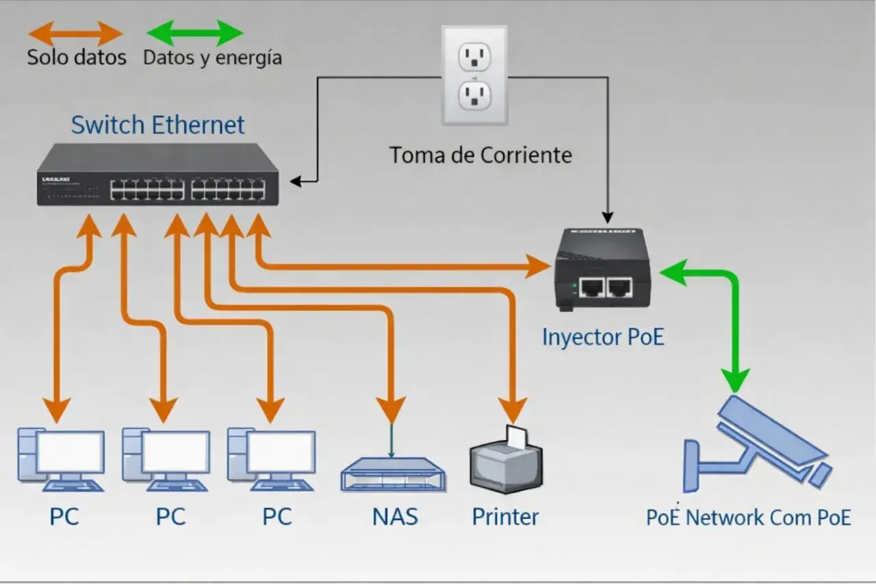 Diagrama de red con switch Ethernet, PCs, NAS, impresora y cámara de seguridad. Un inyector PoE alimenta la cámara, mostrando la versatilidad del poe internet.