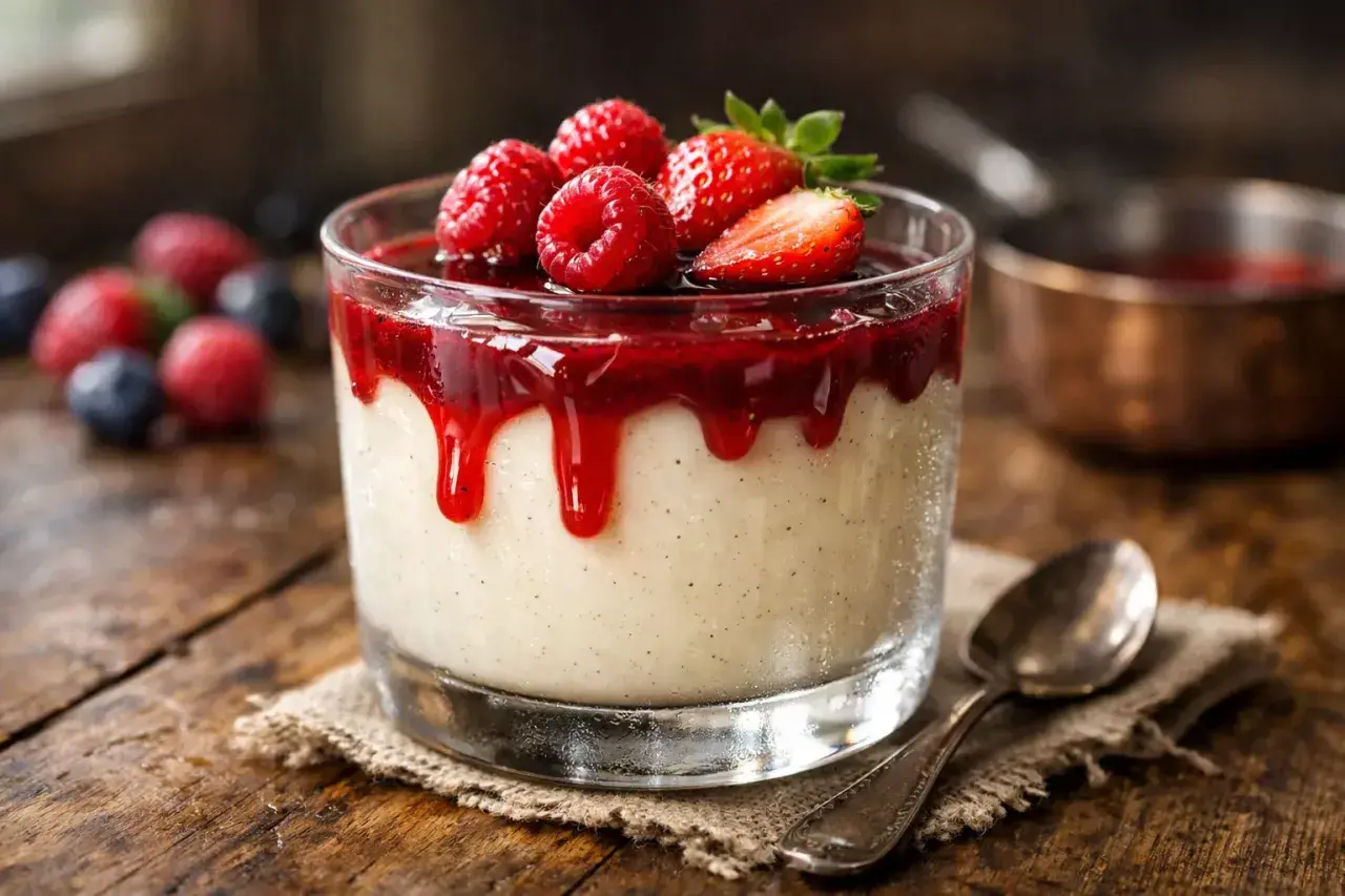 Délicieux panna cotta yaourt, nappé de coulis de fruits rouges et garni de framboises et fraises fraîches. Un délice !