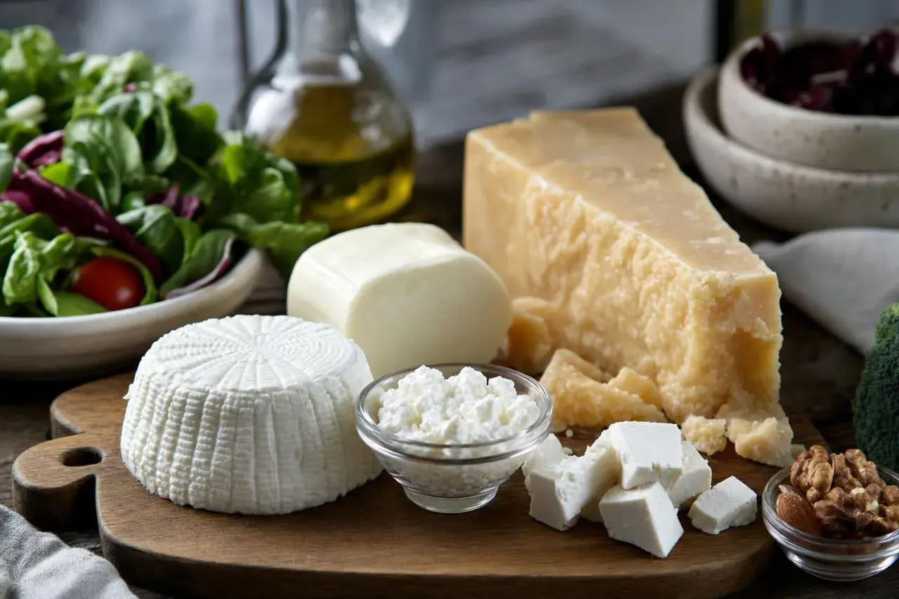 Varietà di formaggi freschi e stagionati, ideali per chi si chiede che formaggi si possono mangiare con il colesterolo alto.