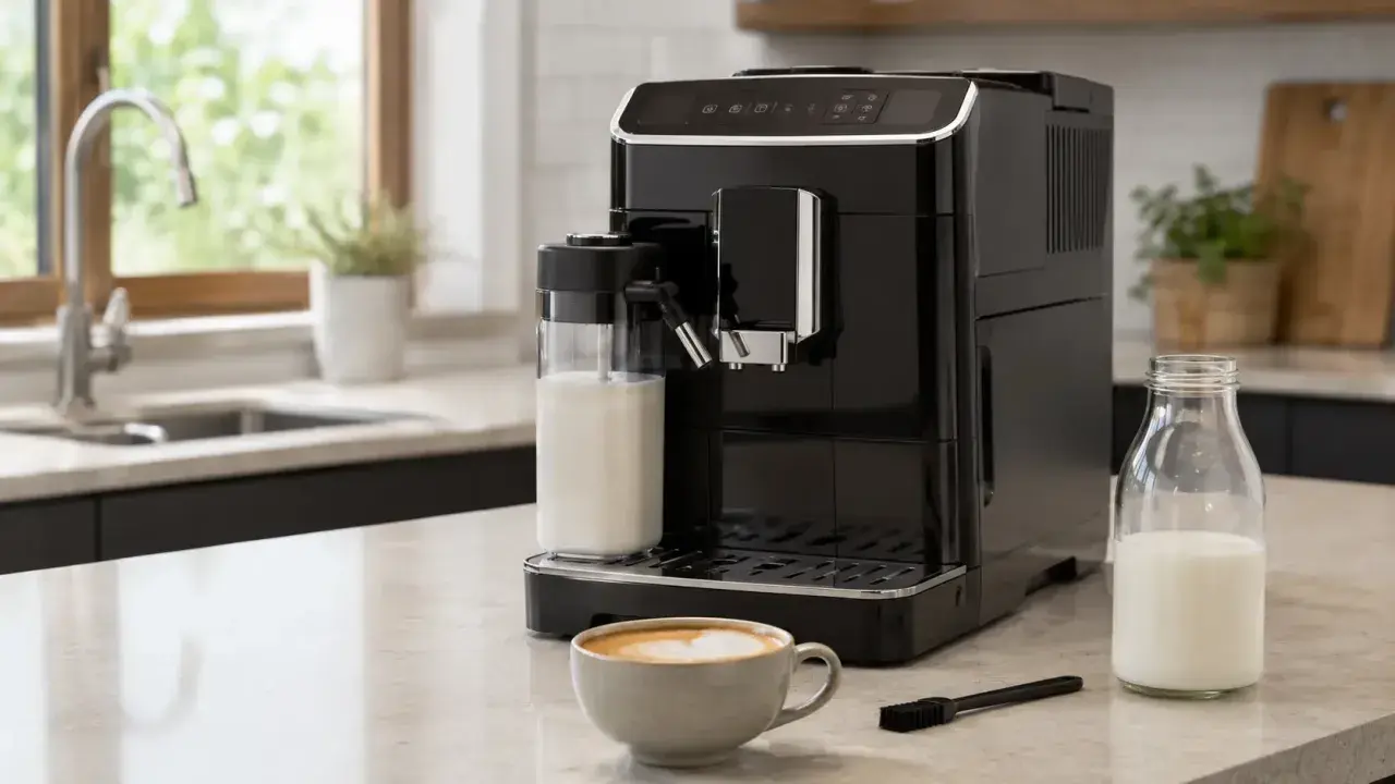 Czarny ekspres DeLonghi z dzbankiem na mleko i filiżanką kawy. Dowiedz się, jak wyczyścić spieniacz do mleka Delonghi, by cieszyć się idealnym cappuccino.
