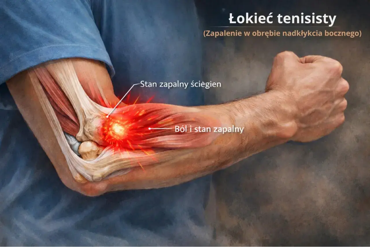 Ilustracja przedstawia łokieć tenisisty, z zaznaczonym stanem zapalnym ścięgien i bólem. Test łokcia tenisisty.