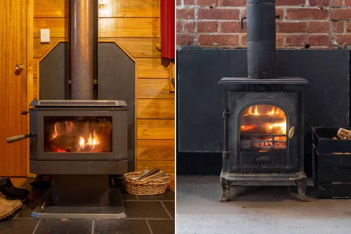Deux poêles à bois, l'un moderne dans un chalet, l'autre ancien sur fond de briques. L'isolation poele a bois est essentielle pour la sécurité et l'efficacité.