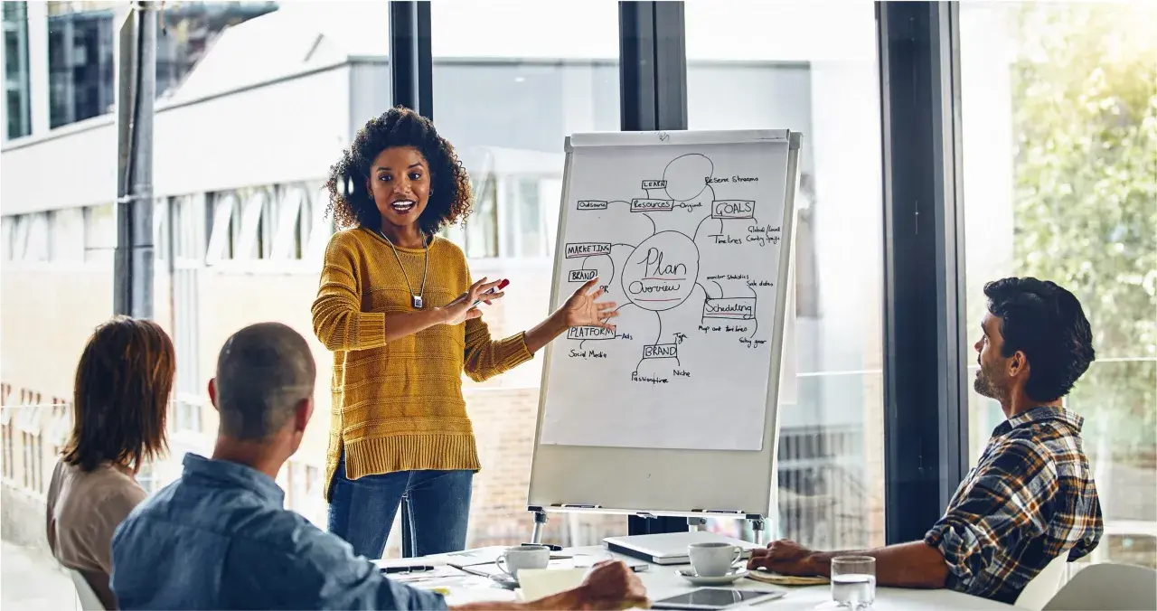 A woman leads a meeting, using influential communication to explain a plan overview on a whiteboard to her colleagues.