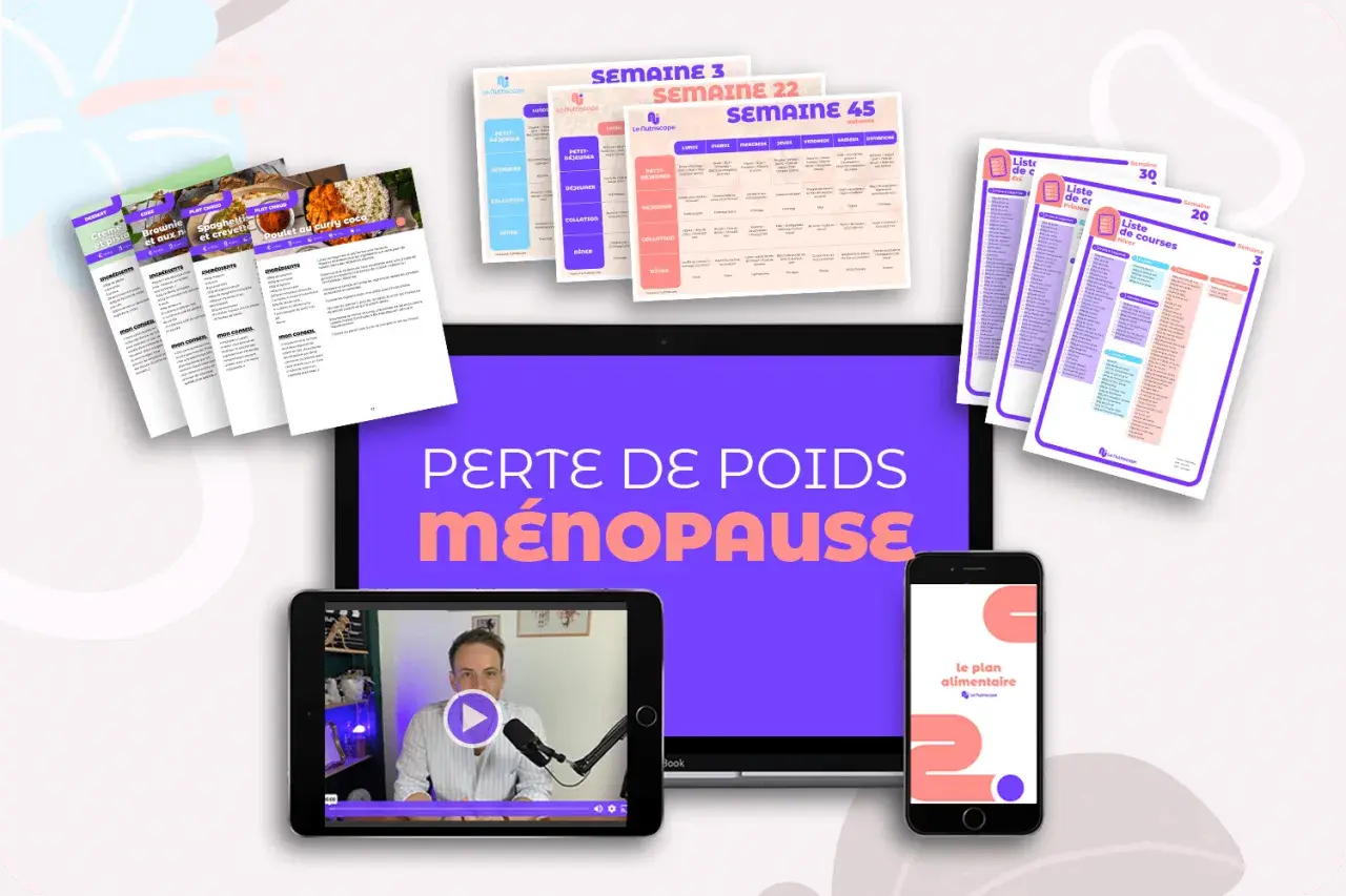 Plans de repas et listes de courses pour comment perdre du poids à la ménopause. Vidéo explicative sur tablette et smartphone.