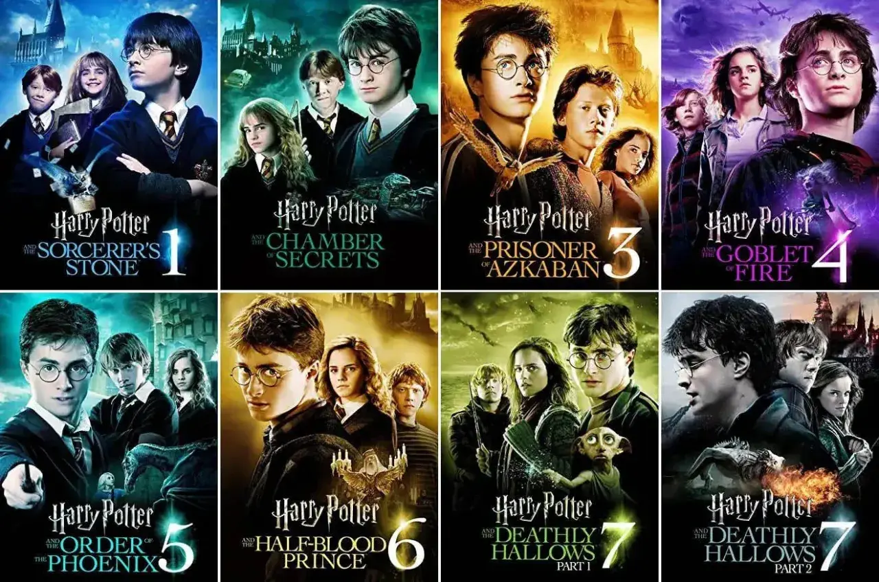 Plakaty filmów z serii Harry Potter, od 1 do 7.