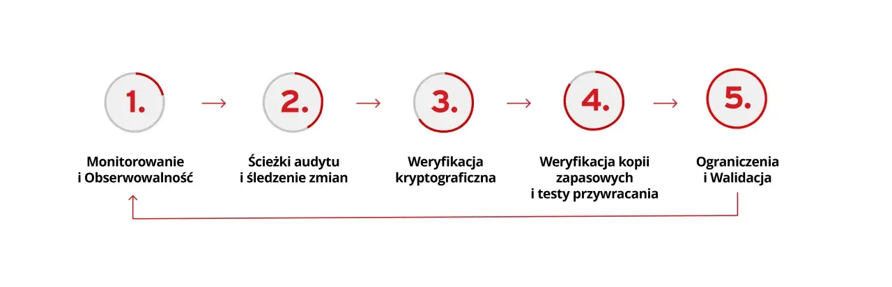 Schemat pięciu kroków: monitorowanie, ścieżki audytu, weryfikacja kryptograficzna, weryfikacja kopii zapasowych i ograniczenia. To jak sprawdzić, co to hasz.