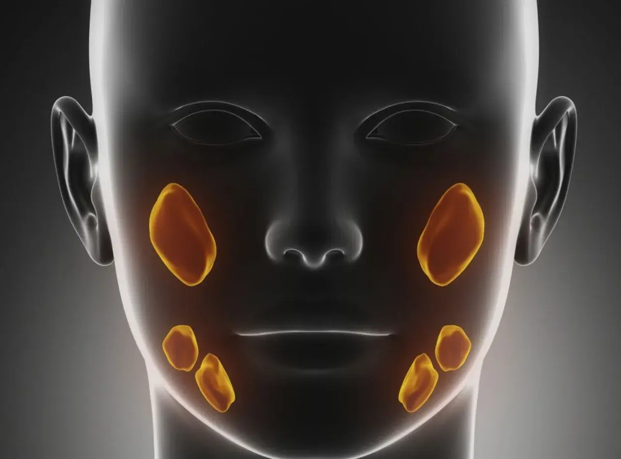 Anatomical model of a head showing salivary glands. The yellow areas highlight the glands, indicating potential **kamica ślinianki**.