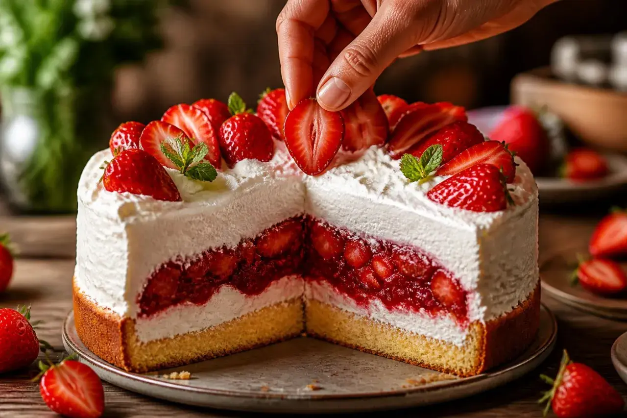 Ein saftiger Biskuitboden bildet die Basis für diese Erdbeer-Sahne-Torte. Frische Erdbeeren und Schlagsahne machen dieses Rezept unwiderstehlich.