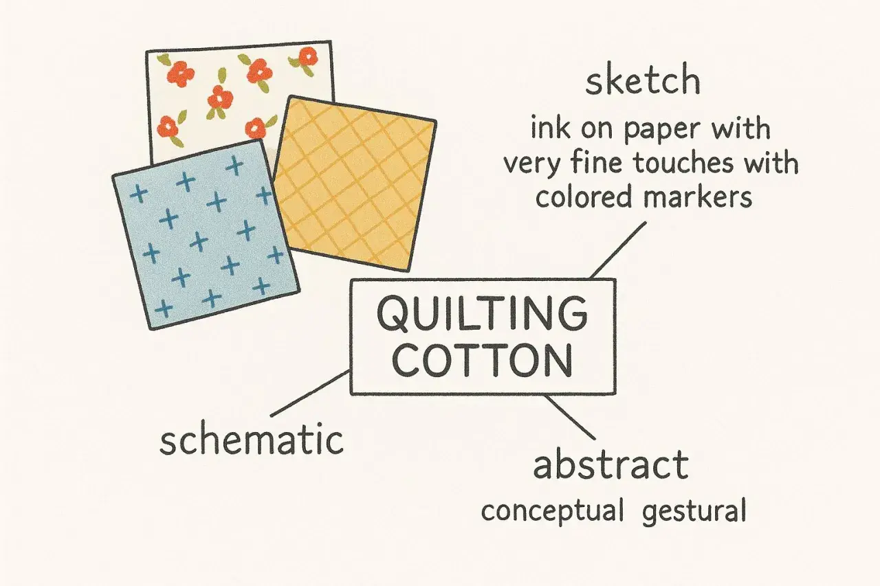 Three fabric swatches with different patterns, labeled "QUILTING COTTON." Can you use quilting cotton for clothing? Yes, it's versatile!
