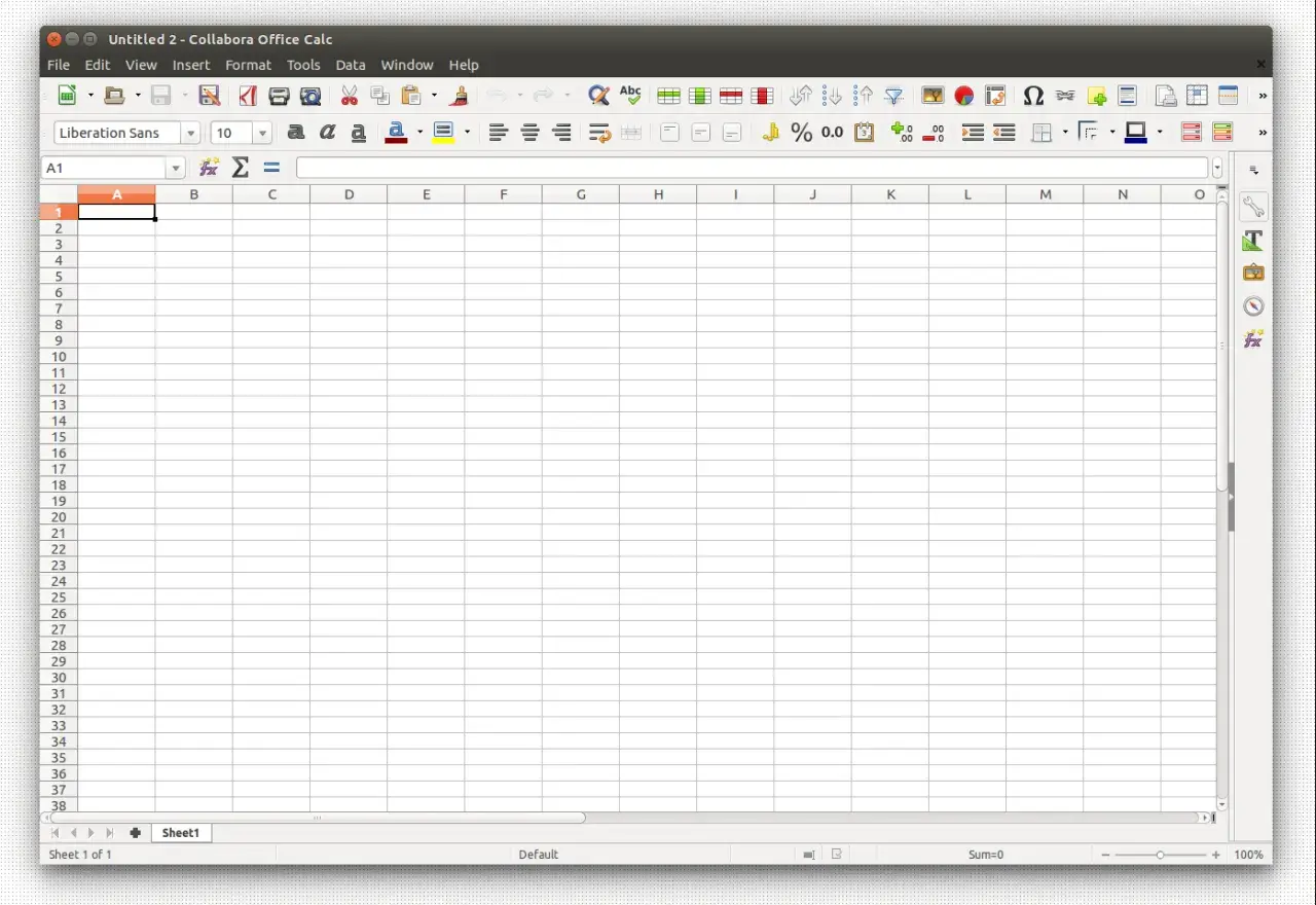 Pusta tabela w programie LibreOffice Calc, gotowa do wprowadzania danych.