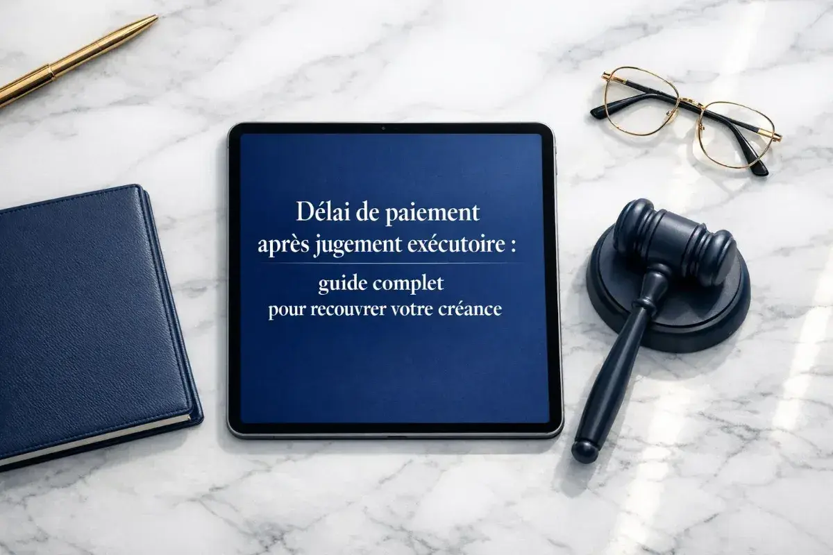 Un marteau de juge, des lunettes, un carnet et une tablette affichant "Délai de paiement après jugement exécutoire : guide complet pour recouvrer votre créance". J'ai gagné en cours d'appel !