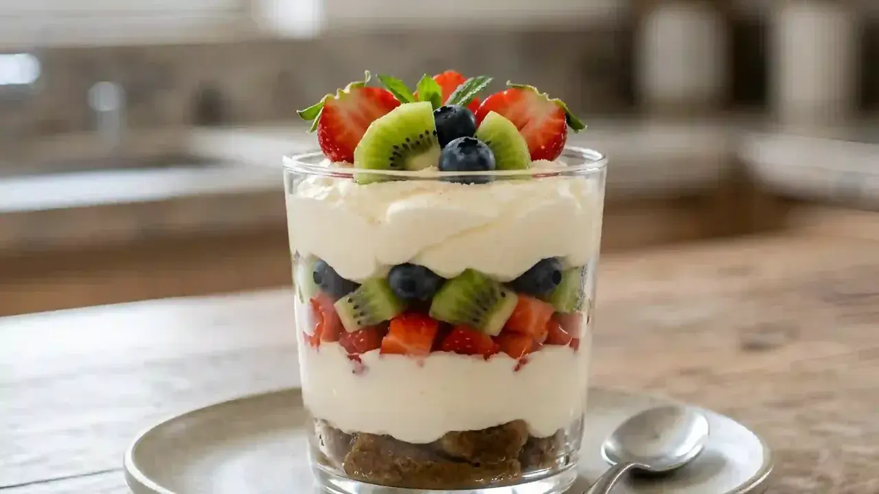 Un tiramisu aux fruits d'été, un délice frais et coloré avec fraises, kiwis et myrtilles. Parfait pour une pause gourmande.