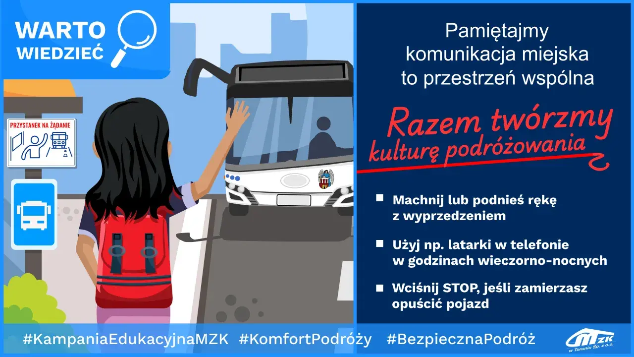 Dziewczyna z plecakiem czeka na autobus na przystanku na żądanie. Pamiętajmy o kulturze podróżowania.