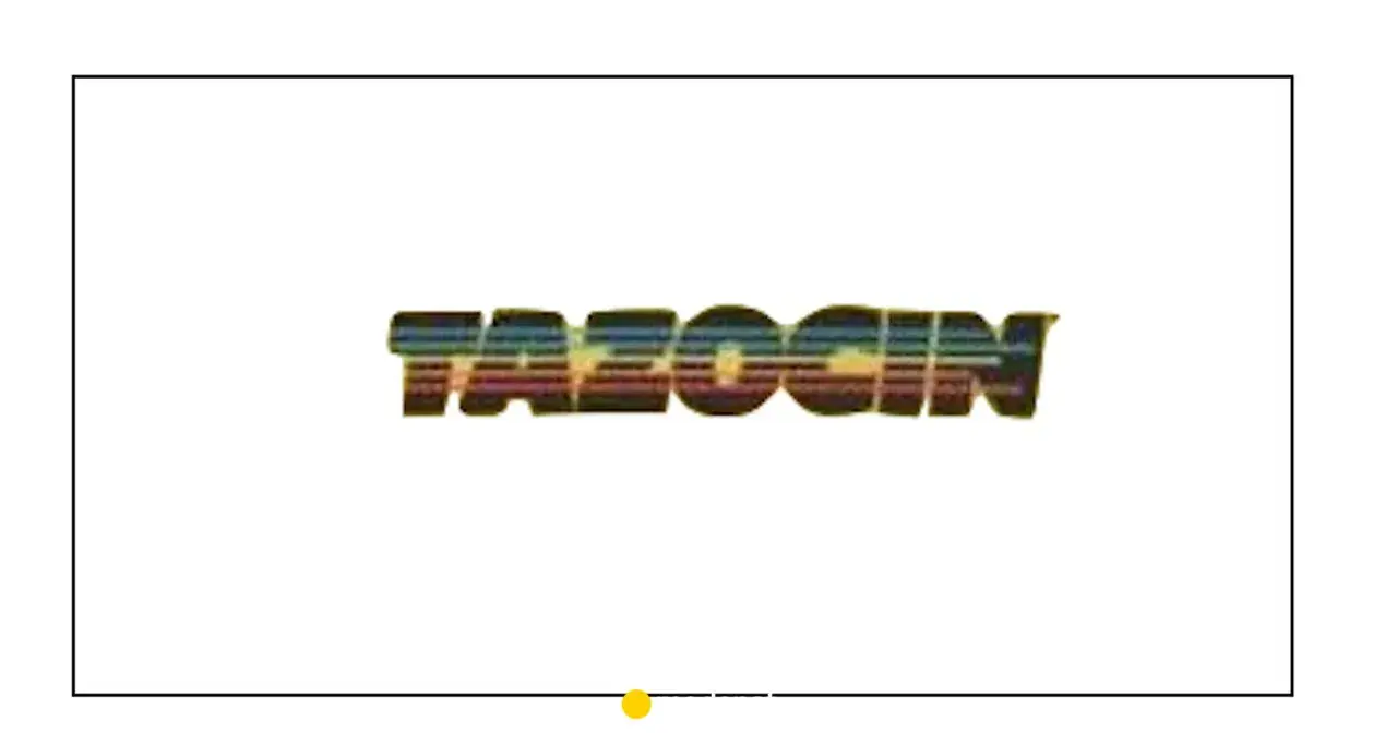 Napis tazocin w stylu retro, z kolorowymi pasami wewnątrz liter.