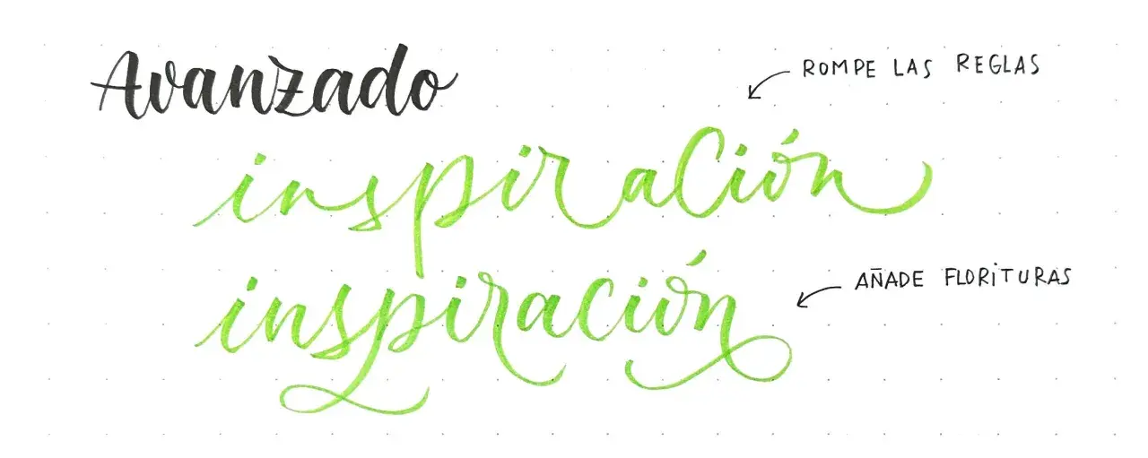 Avanzado" en negro y dos veces "inspiración" en verde, practicando lettering. Instrucciones: "Rompe las reglas" y "Añade florituras".