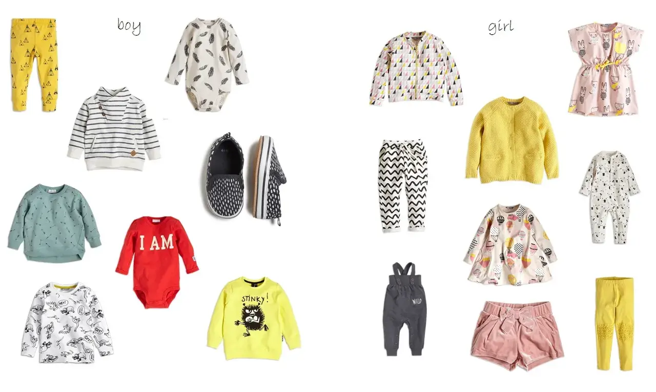 Ubranka dla dzieci: żółte spodnie w namioty, body w piórka, bluzy, czerwony rampers "I AM", żółta bluza "STINKY!", szare ogrodniczki "WILD". Lindex co to za marka?