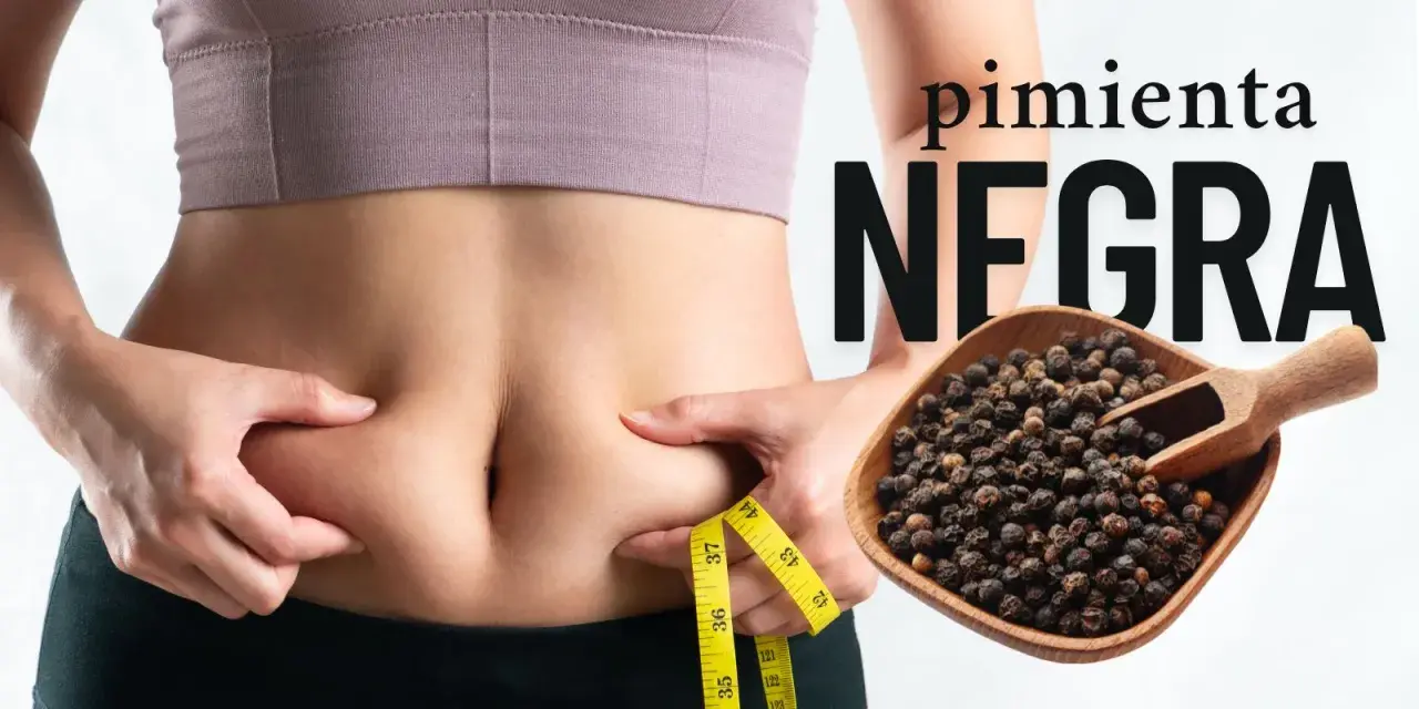 Pimienta negra: descubre sus propiedades para tu figura. Una persona se pellizca la cintura con una cinta métrica.