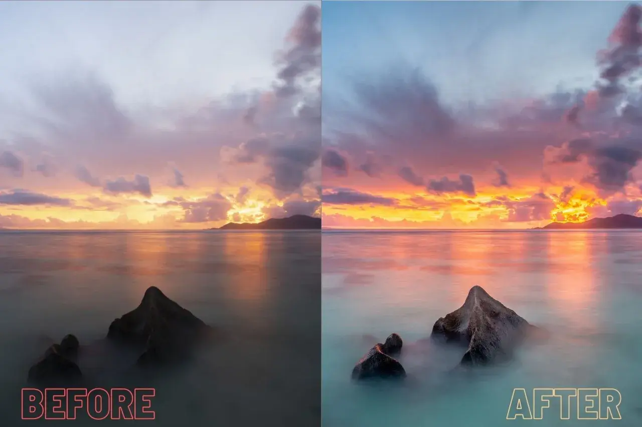 Zachód słońca nad morzem. Porównanie zdjęć "przed" i "po" edycji z użyciem darmowych presetów Lightroom.