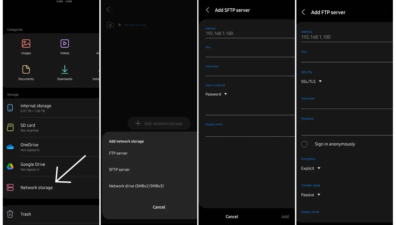 Android-Dateimanager zeigt Optionen zum Hinzufügen von Netzwerkspeicher, wie FTP- oder SFTP-Server, an.