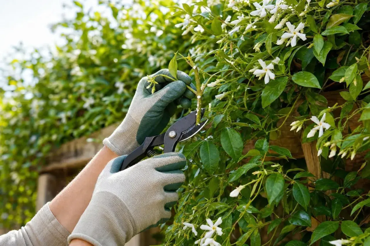 Mains gantées taillant un jasmin étoilé en fleurs, pour favoriser sa croissance et sa floraison.