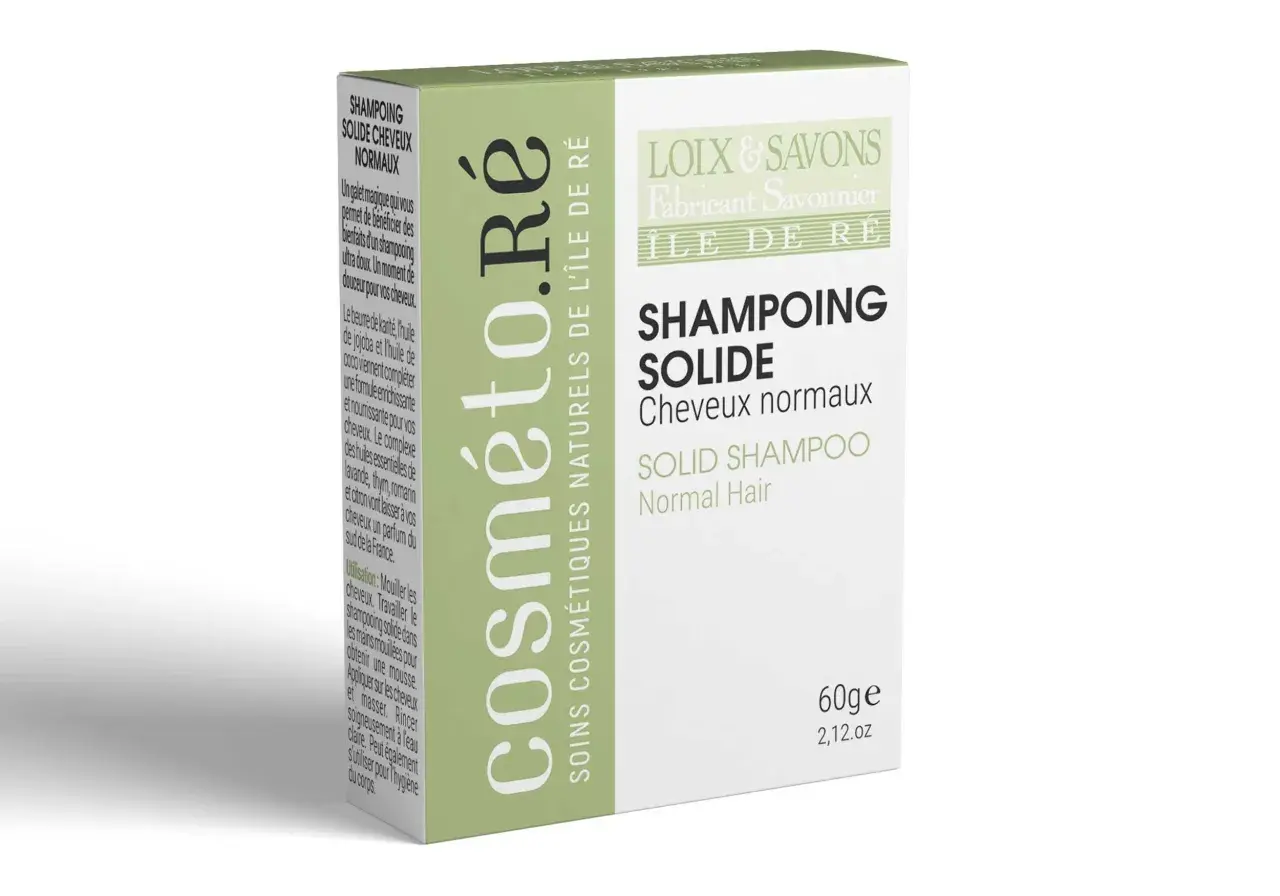 Un galet de shampoing solide pour cheveux normaux, aux ingrédients naturels de l'Île de Ré.