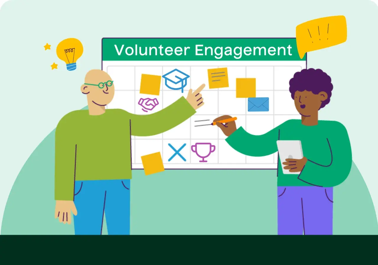 Two people are communicating with volunteers, planning activities on a whiteboard with icons for graduation, handshake, and awards.