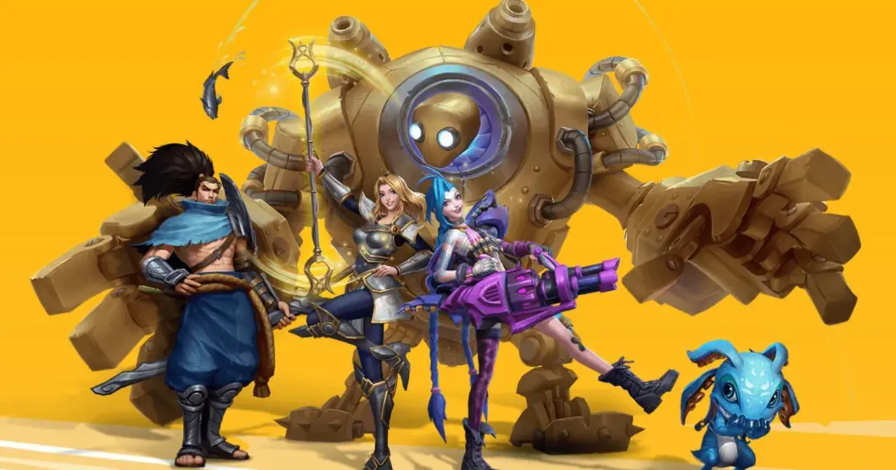 Postacie z League of Legends: Yasuo, Lux, Jinx, Blitzcrank i mały potworek na żółtym tle.