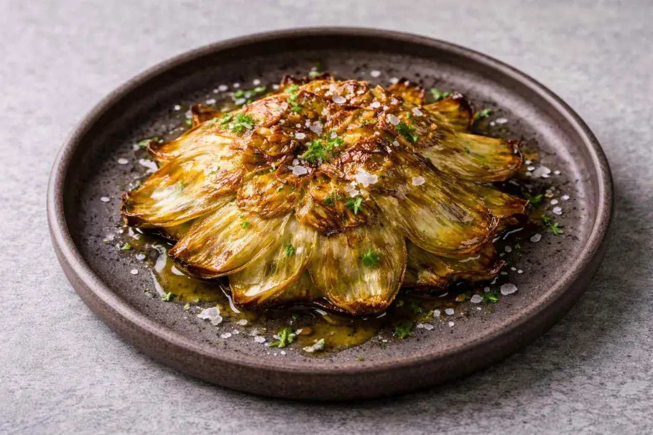 Deliciosas alcachofas a la plancha, doradas y tiernas, bañadas en aceite de oliva y espolvoreadas con sal marina y perejil fresco.