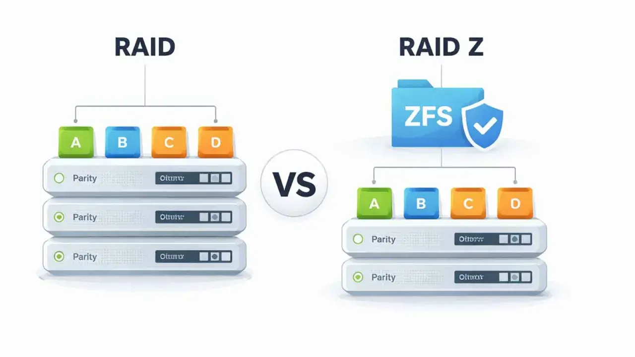 Porównanie tradycyjnego RAID z RAID Z, gdzie dane A, B, C, D są rozłożone na dyskach z parzystością. SSD RAID w akcji.