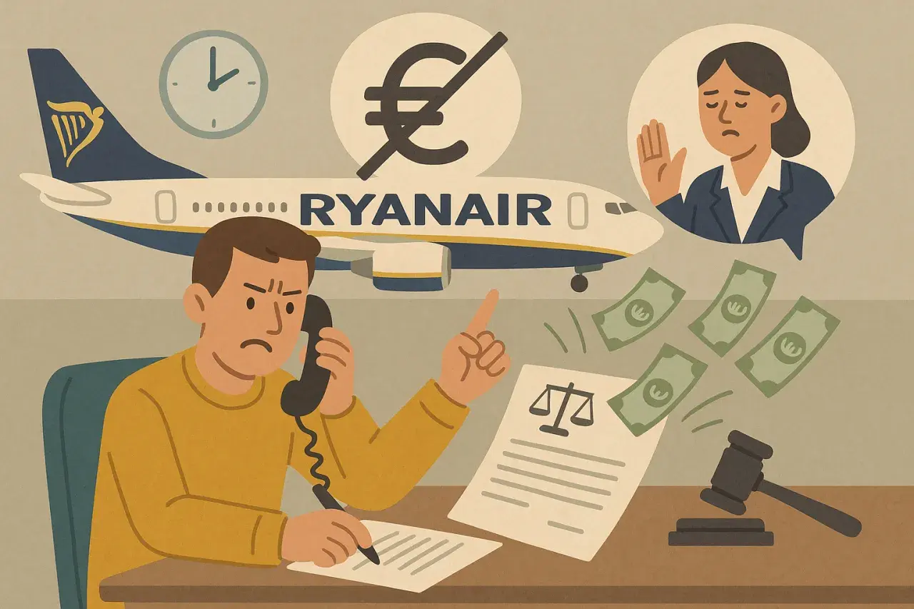 Zirytowany klient dzwoni, by dowiedzieć się, czy można odwołać lot Ryanair. Obok symbol prawa i pieniądze.