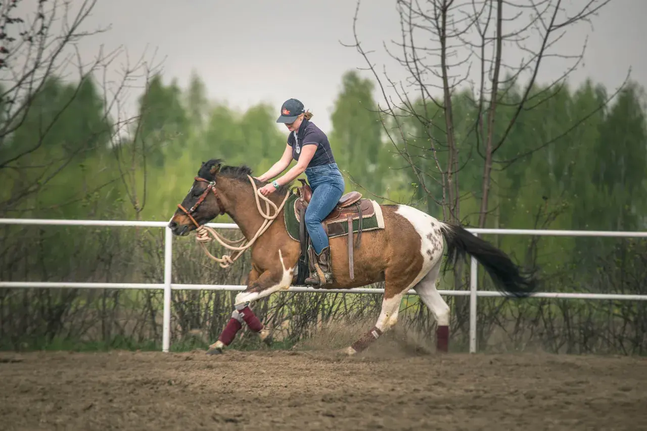 Kobieta na koniu w galopie. Zastanawiasz się, ile waży koń? Ten piękny, łaciaty rumak z pewnością ma sporą masę.