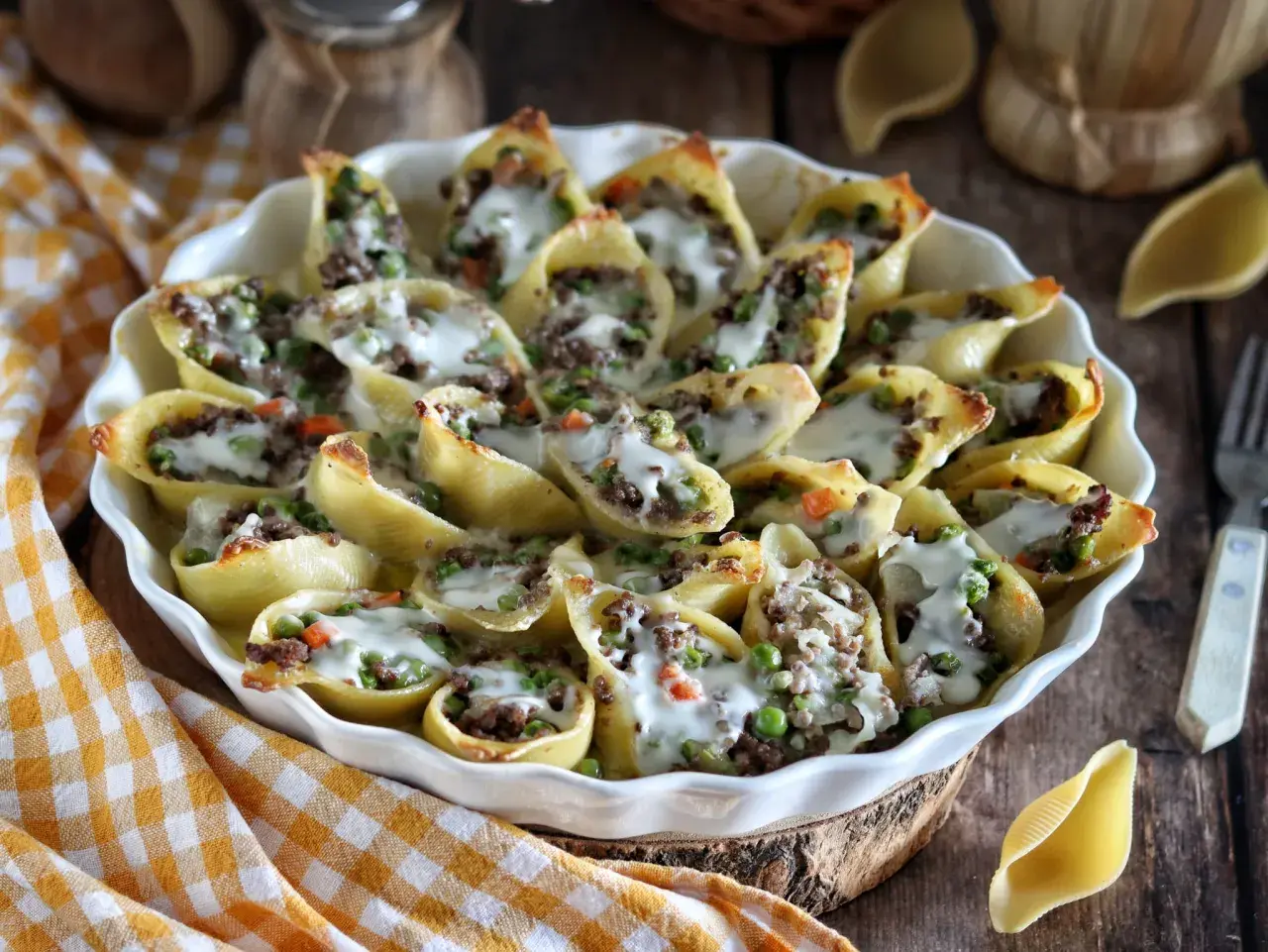 Conchiglioni à la sicilienne, pâtes farcies à la viande et aux petits pois, gratinées au fromage fondant dans un plat blanc.