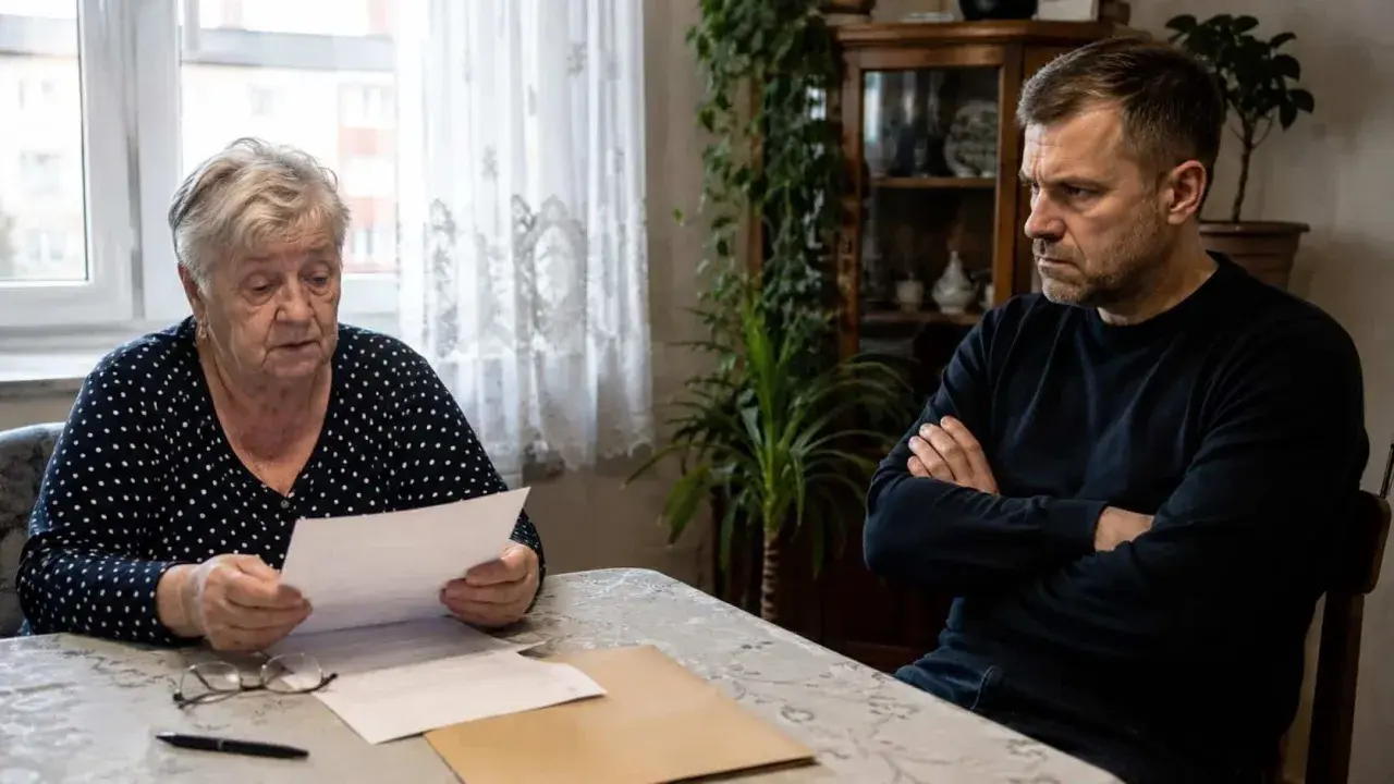 Starsza kobieta czyta dokument, podczas gdy jej syn z założonymi rękami czeka na decyzję. Czy wydziedziczony ma prawo do zachowku?