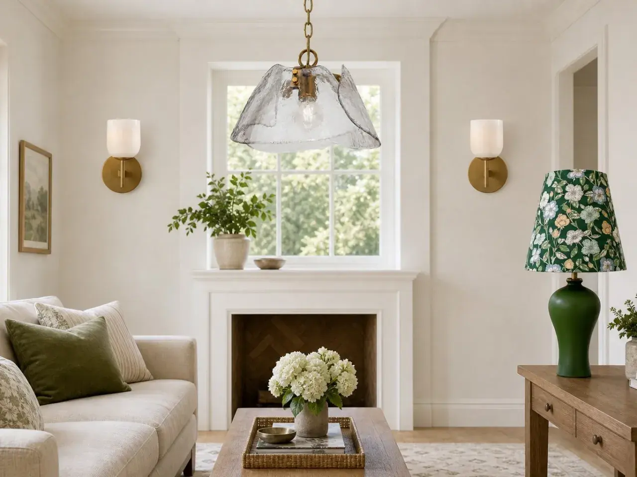 Elegante lámpara colgante cristal vintage ilumina un salón acogedor con sofá, chimenea y detalles florales.