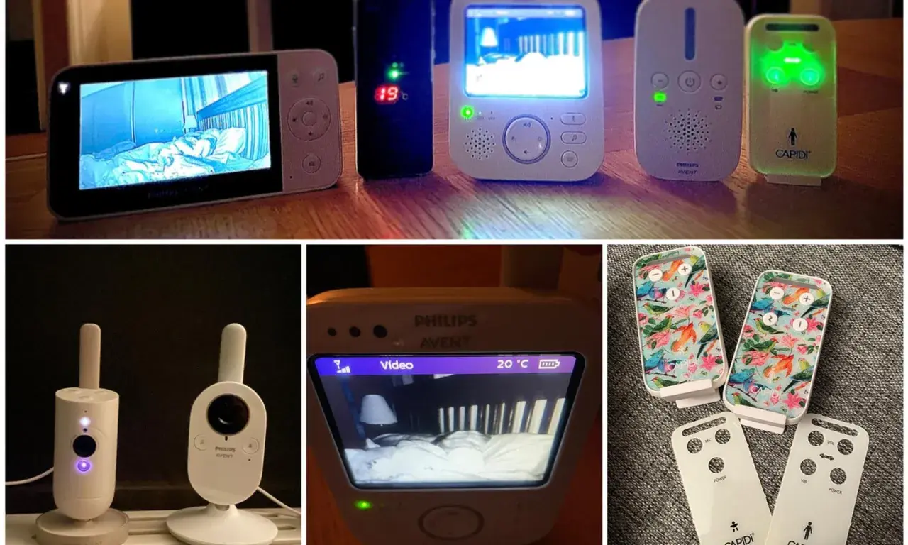 Flera babyvakter, både med och utan skärm, samt tillhörande kameror. En babyvakt batteridriven ger trygghet.