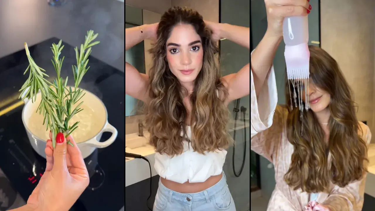 Preparación de agua de romero para el pelo: hierbas en agua hirviendo, mujer con cabello largo y rizado, y aplicación de líquido con peine.
