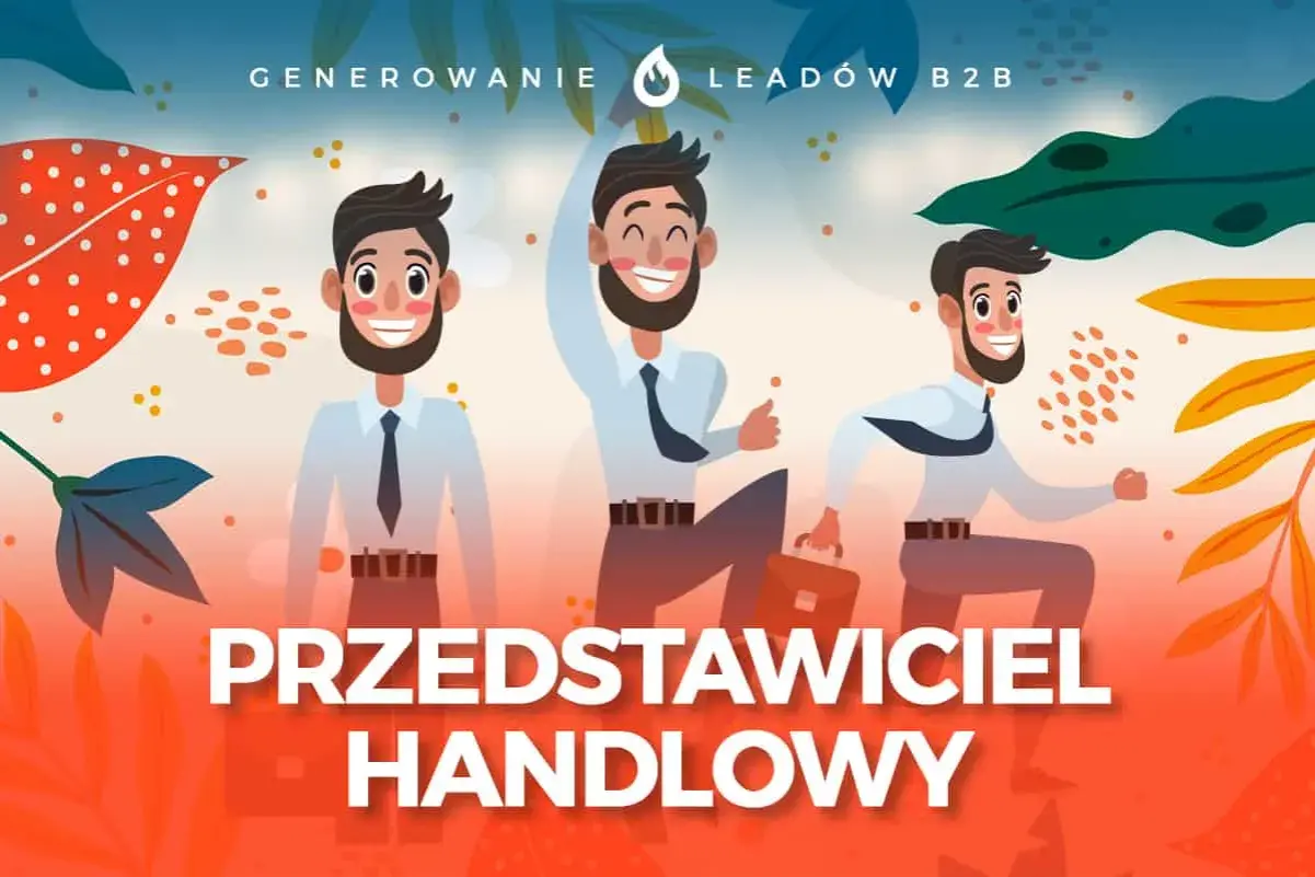 Trzech uśmiechniętych przedstawicieli handlowych w garniturach, gotowych do działania. Jeden z nich podnosi rękę w geście triumfu, drugi biegnie z teczką, a trzeci stoi pewnie.
