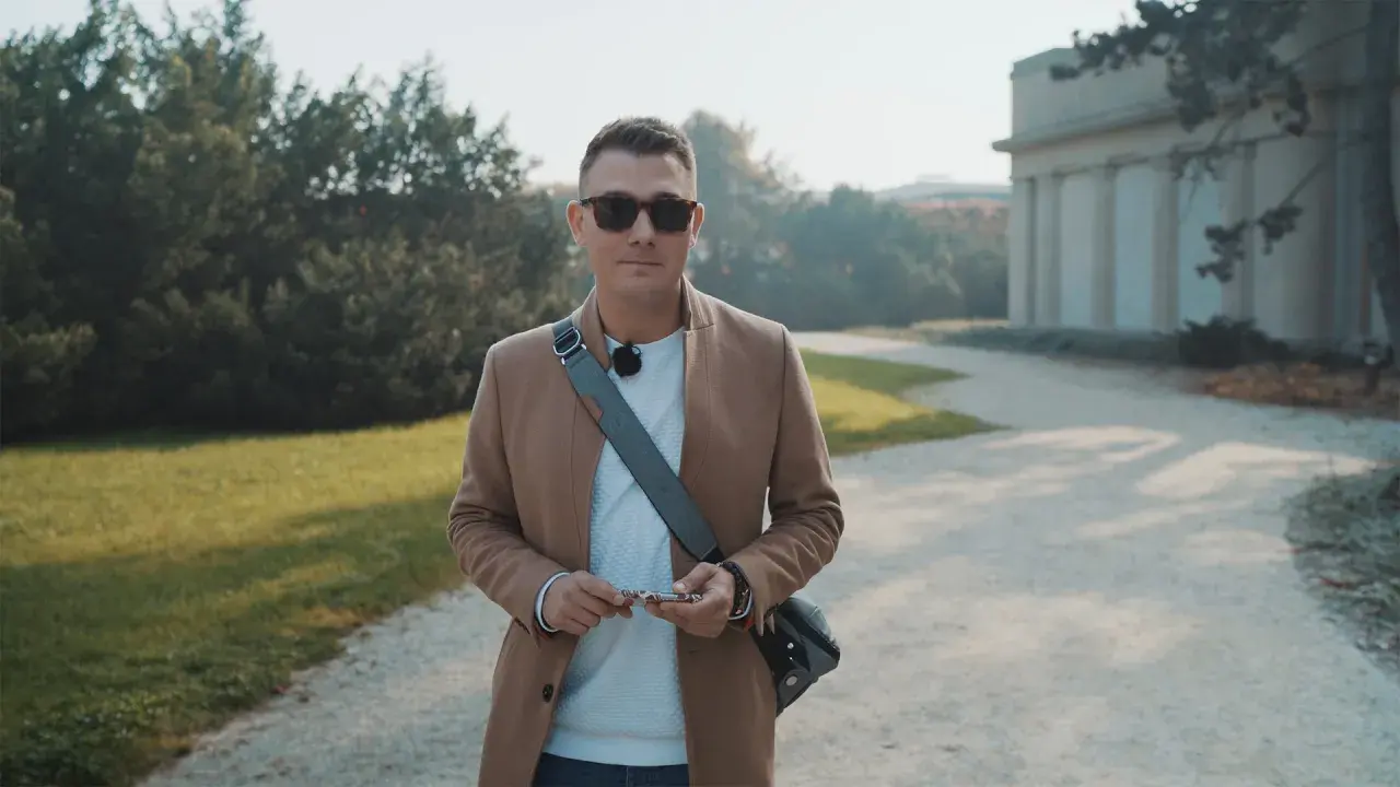 Mężczyzna w beżowym płaszczu i okularach przeciwsłonecznych, trzymający klucze, przygotowuje się do kursu fotografii telefonem w parku.